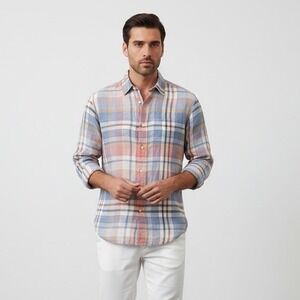 Patrick Assaraf Coastal Plaid Linen Button Down Shirt L Blue Orange Preppy Luxe